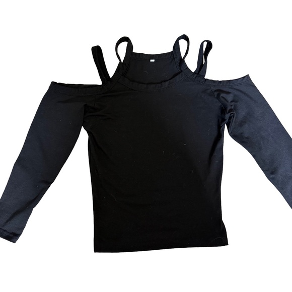 SHEIN BLACK FITTED FULL LENGTH LONG SLEEVE COLD SHOULDER TOP WITH STRAPS SIZE S - Picture 1 of 7